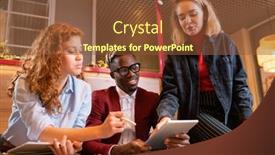  Presentation with points - PPT theme enhanced with three young successful colleagues in casualwear gathered in cafe to discuss points of presentation for conference background and a tawny brown colored foreground