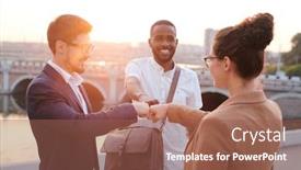  Presentation with managers - Slides having three-young-successful-managers background and a violet colored foreground