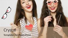  Presentation with women - Slide deck with three young women holding paper background and a coral colored foreground