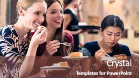  Presentation with sharing - Amazing slide set having three young women sharing opinions and ideas while eating cake indoors backdrop and a tawny brown colored foreground