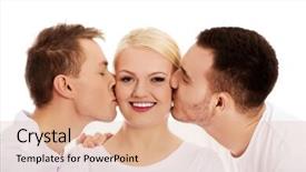  Presentation with helping others two hands woman - Beautiful PPT layouts featuring threesome - two guys kissing friend woman backdrop and a coral colored foreground