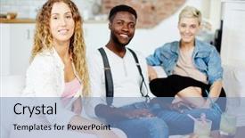 Presentation with young people diversity - Cool new PPT layouts with threesome - young intercultural people relaxing backdrop and a light blue colored foreground