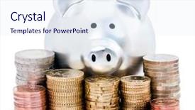  Presentation with piggy bank is evil - PPT layouts with thrift - silver piggy bank looking background and a sky blue colored foreground