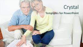  Presentation with thrift - Colorful PPT theme enhanced with thrift - worried senior couple with bills backdrop and a sky blue colored foreground