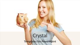  Presentation with money volt - Cool new PPT theme with thrift - young smiling woman pointing backdrop and a  colored foreground