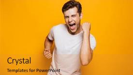 Presentation with celebrate office success - Cool new slide deck with thrilling - portrait of a cheerful young backdrop and a gold colored foreground