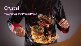  Presentation with food preparation - PPT theme with throw - closeup of chef throwing beef background and a wine colored foreground