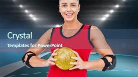  Presentation with handball - Theme consisting of throw ball - female athlete with elbow pad background and a ocean colored foreground