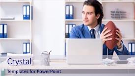  Presentation with motivation ball hill businessman - Cool new presentation with throwball game - young handsome businessman with rugby backdrop and a sky blue colored foreground