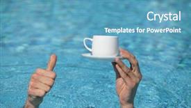  Presentation with water cup - Presentation theme consisting of thumb up gesture - hand above water holding cup of coffee background and a teal colored foreground