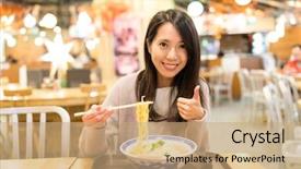  Presentation with japanese ramen - Slide deck enhanced with thumb up in japanese restaurant background and a coral colored foreground
