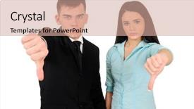 Presentation with business and politics - PPT theme having thumbs down - isolated young business couple disagree background and a coral colored foreground