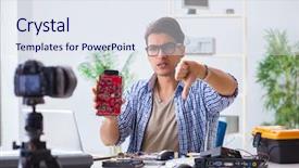  Presentation with computer repair - Beautiful presentation featuring thumbs down - vlogger recording computer repair backdrop and a sky blue colored foreground