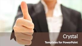  Presentation with young business woman smile show - Cool new PPT theme with thumbs up - business woman shows thumb up backdrop and a tawny brown colored foreground
