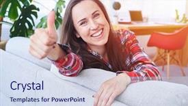  Presentation with shot - Presentation theme featuring thumbs up - mid shot of appealing girl background and a sky blue colored foreground