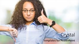  Presentation with curly hair - Slide deck featuring thumbs up and down disagreement background and a  colored foreground