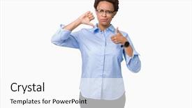  Presentation with african american in business - Cool new slide deck with thumbs up and down disagreement backdrop and a  colored foreground