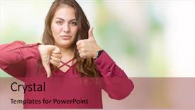  Presentation with plus size fashion model - Beautiful PPT theme featuring thumbs up and down disagreement backdrop and a  colored foreground