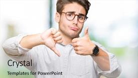  Presentation with glasses - Beautiful PPT layouts featuring thumbs up and down disagreement backdrop and a  colored foreground