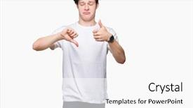  Presentation with young man wearing a hat - Slide set enhanced with thumbs up and down disagreement background and a white colored foreground