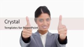  Presentation with entrepreneur - Slides enhanced with thumbs up given by female entrepreneur against a white background background and a soft green colored foreground