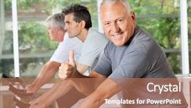  Presentation with man riding big bike motor - Cool new PPT theme with thumbs up in fitness center backdrop and a coral colored foreground