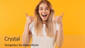  Presentation with portrait of excited overjoyed female - Cool new PPT layouts with thumbs up isolated over yellow backdrop and a yellow colored foreground