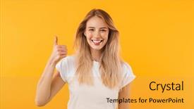  Presentation with cheerful stylish city girl using - Slide deck enhanced with thumbs up isolated over yellow background and a yellow colored foreground