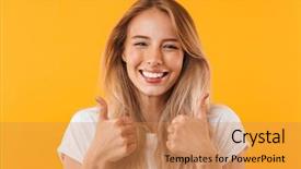  Presentation with portrait of excited overjoyed female - Amazing PPT theme having thumbs up isolated over yellow backdrop and a coral colored foreground