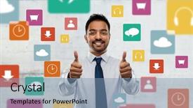  Presentation with worker - Colorful presentation theme enhanced with thumbs up over app icon backdrop and a teal colored foreground