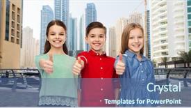  Presentation with people street - Beautiful PPT theme featuring thumbs up over dubai city backdrop and a  colored foreground