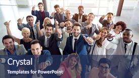  Presentation with people - Theme having thumbs up smiling business people background and a navy blue colored foreground