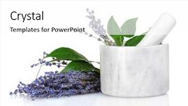  Presentation with mortar - Theme having thyme purple flowered plant - beautiful lavender in a mortar background and a white colored foreground