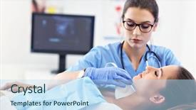  Presentation with doctor office - Slide deck featuring thyroid - adult woman having thyroind ultrasound background and a sky blue colored foreground