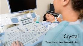  Presentation with female hospital patient - PPT layouts having thyroid - female nurse using ultrasound treatment background and a light blue colored foreground