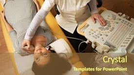  Presentation with ultrasound - Slide set with thyroid - young woman doing neck ultrasound background and a tawny brown colored foreground