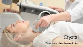  Presentation with ultrasound - Slide set consisting of thyroid - young woman undergoing ultrasound scan background and a lemonade colored foreground