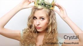  Presentation with crown - Audience pleasing presentation design consisting of tiara - young lovely expression woman backdrop and a coral colored foreground