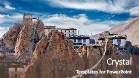  Presentation with buddhist prayer flags - Slide set with tibetan buddhist monastery and prayer background and a tawny brown colored foreground