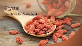  Presentation with goji - PPT layouts having tibetan goji berries wolfberry spilling of the glass jar on a wooden spoon selective focus background and a coral colored foreground