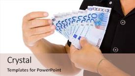  Presentation with bills - PPT theme with ticher - man showing euro bills studio background and a  colored foreground