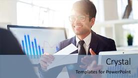  Presentation with work - Amazing PPT theme having ticket invitation - happy office worker inviting his backdrop and a  colored foreground