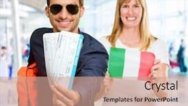  Presentation with airport boarding pass - PPT theme consisting of ticket invitation - man holding boarding pass background and a coral colored foreground