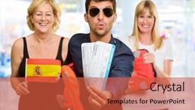  Presentation with happy kids at indoor playground - Presentation theme having ticket invitation - portrait of happy tourist family background and a red colored foreground