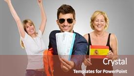  Presentation with portrait happy family smiling - PPT theme with ticket invitation - portrait of happy tourist family background and a tawny brown colored foreground