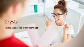  Presentation with fun work - PPT theme featuring ticket invitation - young businesswoman expressing her excitement background and a lemonade colored foreground