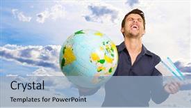  Presentation with globe - Slides having ticket invitation - young man holding globe background and a light blue colored foreground