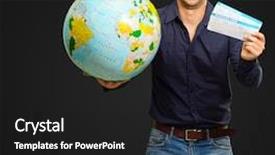  Presentation with cutout paper people standing around globe holding hands - Cool new PPT theme with ticket invitation - young man holding globe backdrop and a dark gray colored foreground
