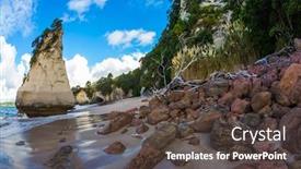  Presentation with beach rocks - Amazing presentation theme having tidal-wave-in-cathedral-cove backdrop and a dark gray colored foreground