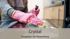  Presentation with rubber gloves - Presentation design featuring keep kitchen clean tidy - picture of woman's hands background and a light gray colored foreground